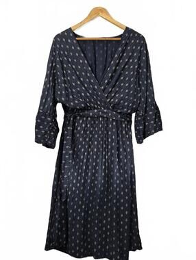 Ladies Made In Italy Navy Blue Metallic Geo Print Dress Wrap Bodice 3/4 Sleeve E